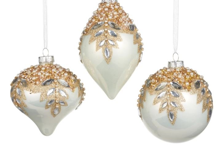 5" Glass Gem Encrusted White Ornaments