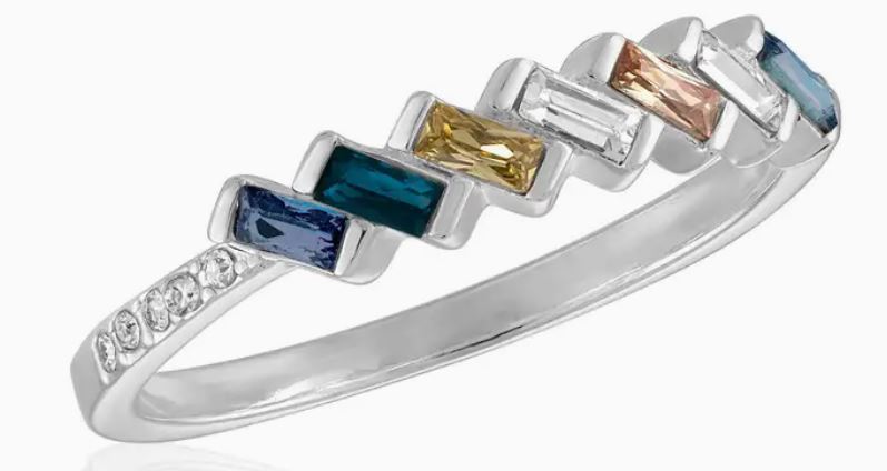 Slanted Multi Color Baguettes Silver Stack Ring
