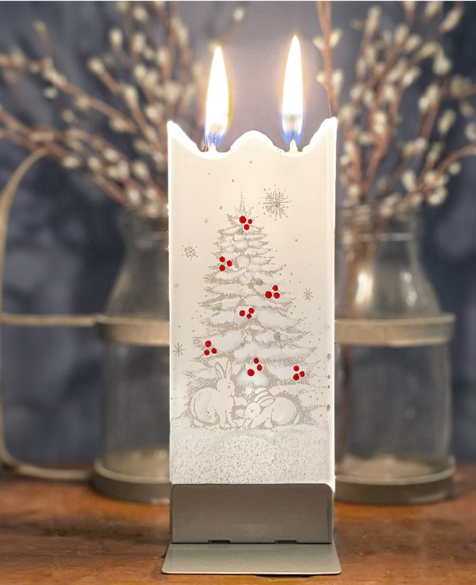 Rabbits By The Christmas Tree Flat Candle burning