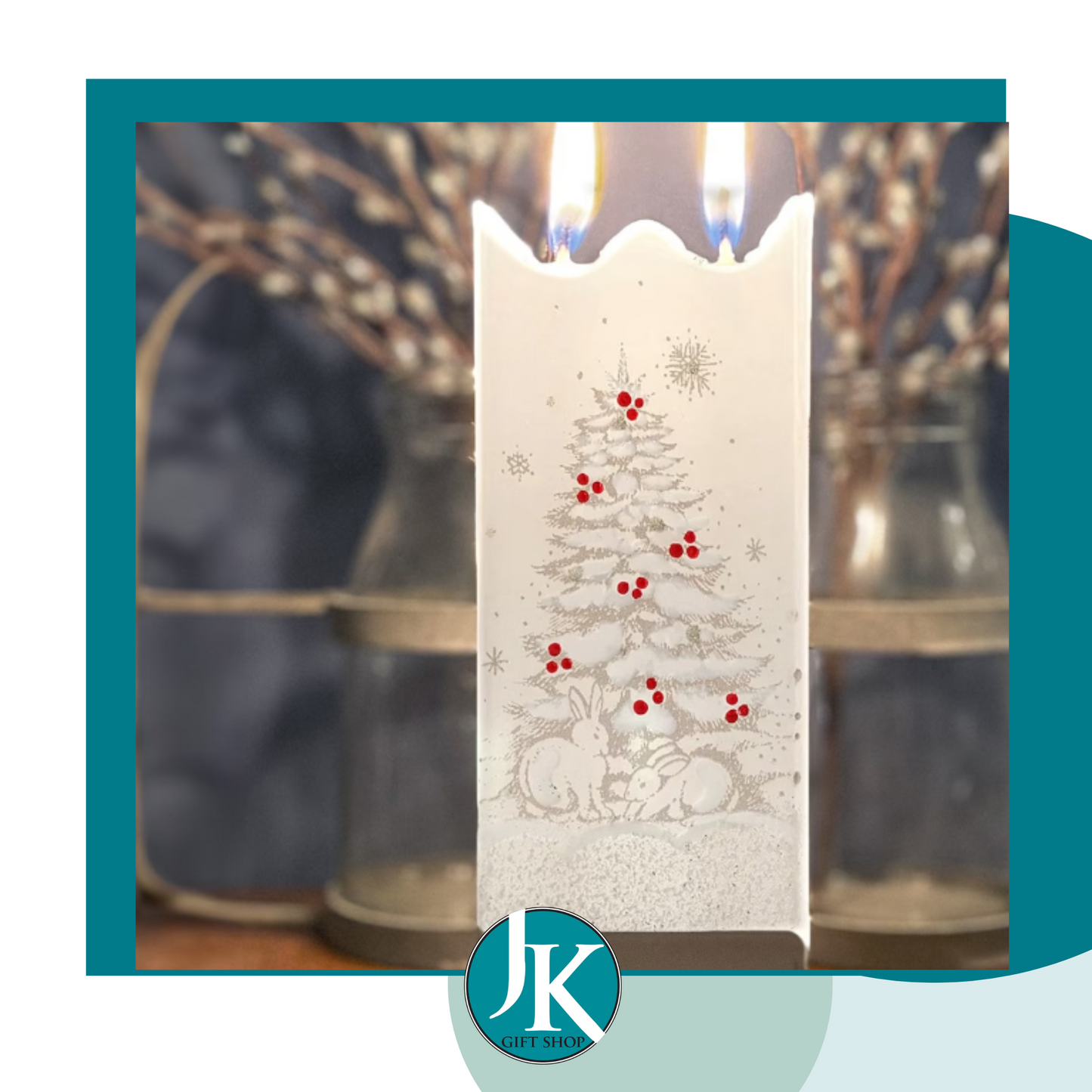 Rabbits By The Christmas Tree Flat Candle