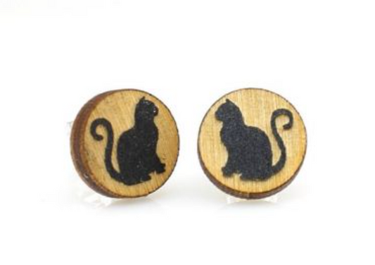 Black Cat Round Wood Stud Earrings