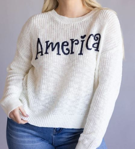 America Embroidered Cream Sweater