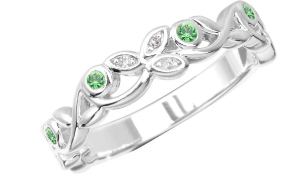 Green Crystal Leaves Silver Stack Ring