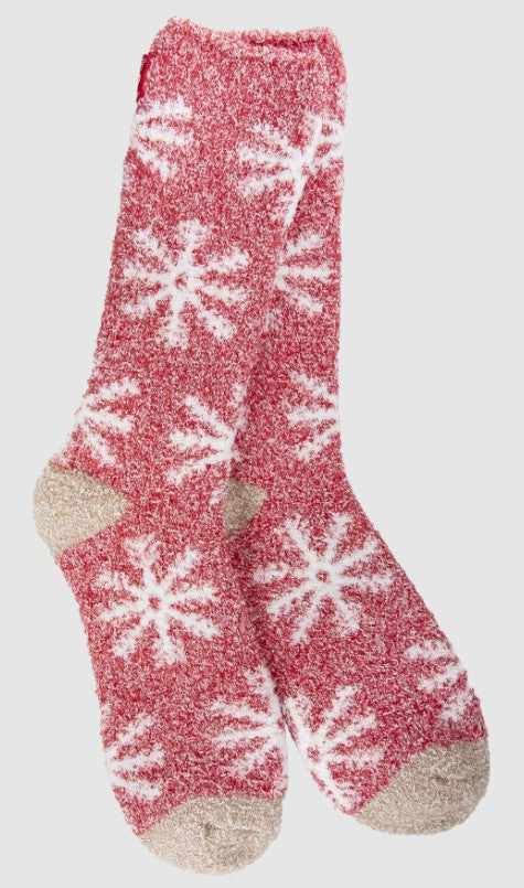 Red w. White Snowflakes Cozy Crew Socks