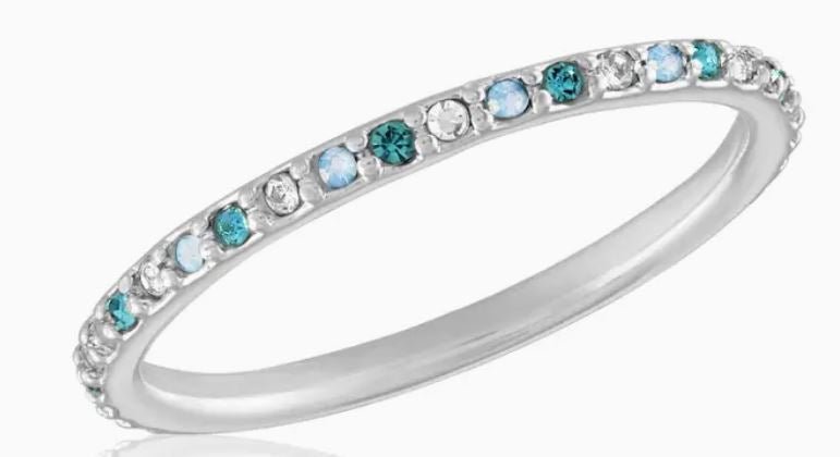 Thin Aquamarine Diamond Mix Silver Stack Ring